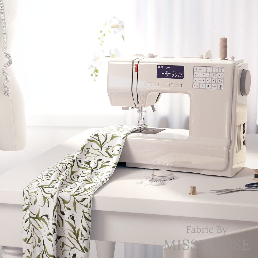 Laura Hamzic 91 on a sewing machine - premium fabric for sewing projects | Fabric by Missy Rose