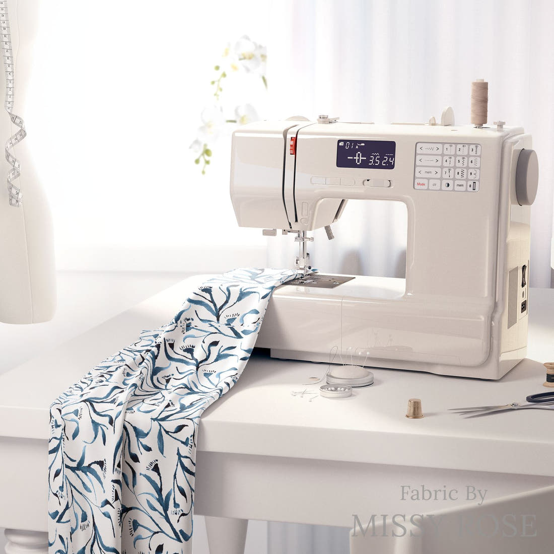 Laura Hamzic 92 on a sewing machine - premium fabric for sewing projects | Fabric by Missy Rose