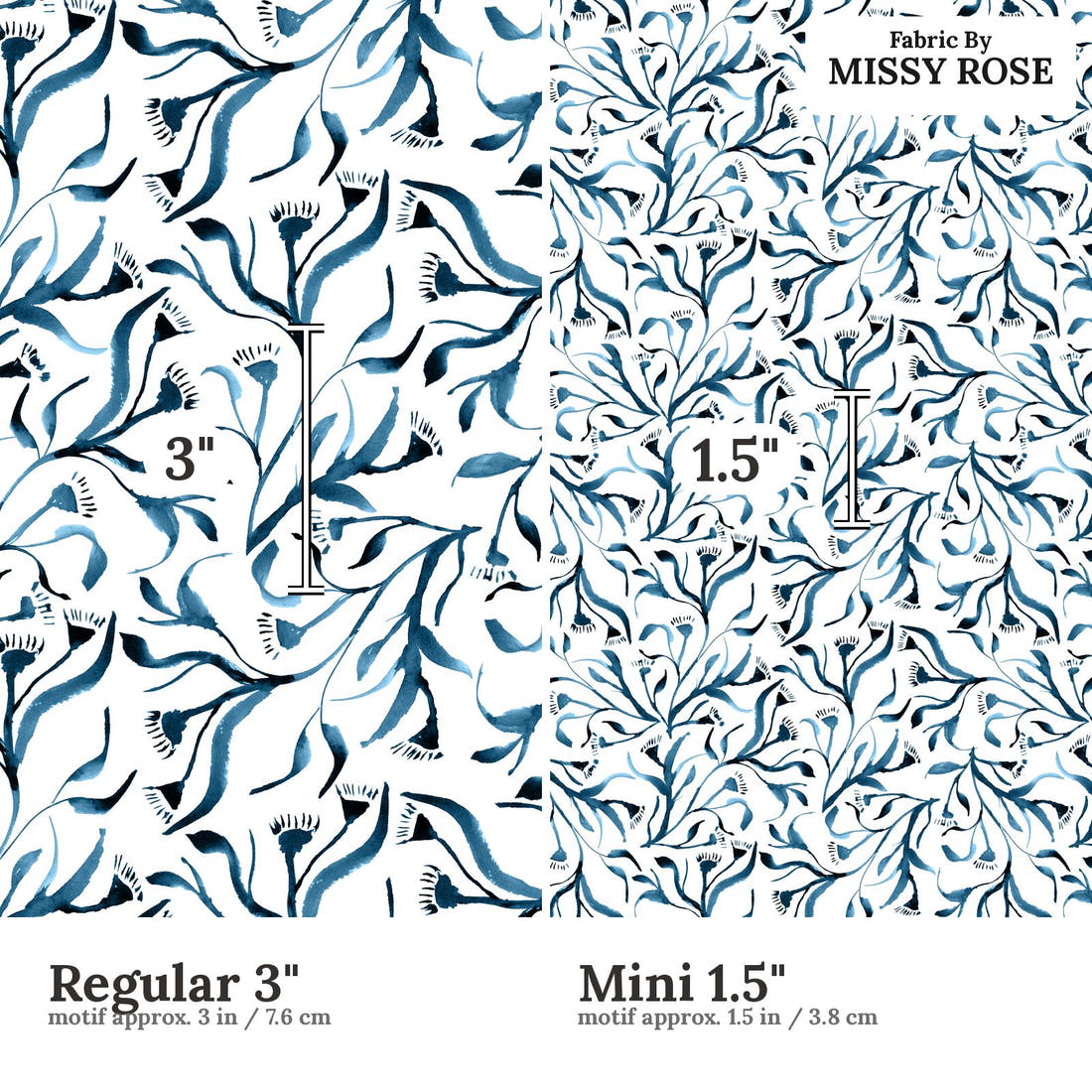 Laura Hamzic 92 Regular 3 inch vs Mini 1.5 inch print scale side by side | Fabric by Missy Rose