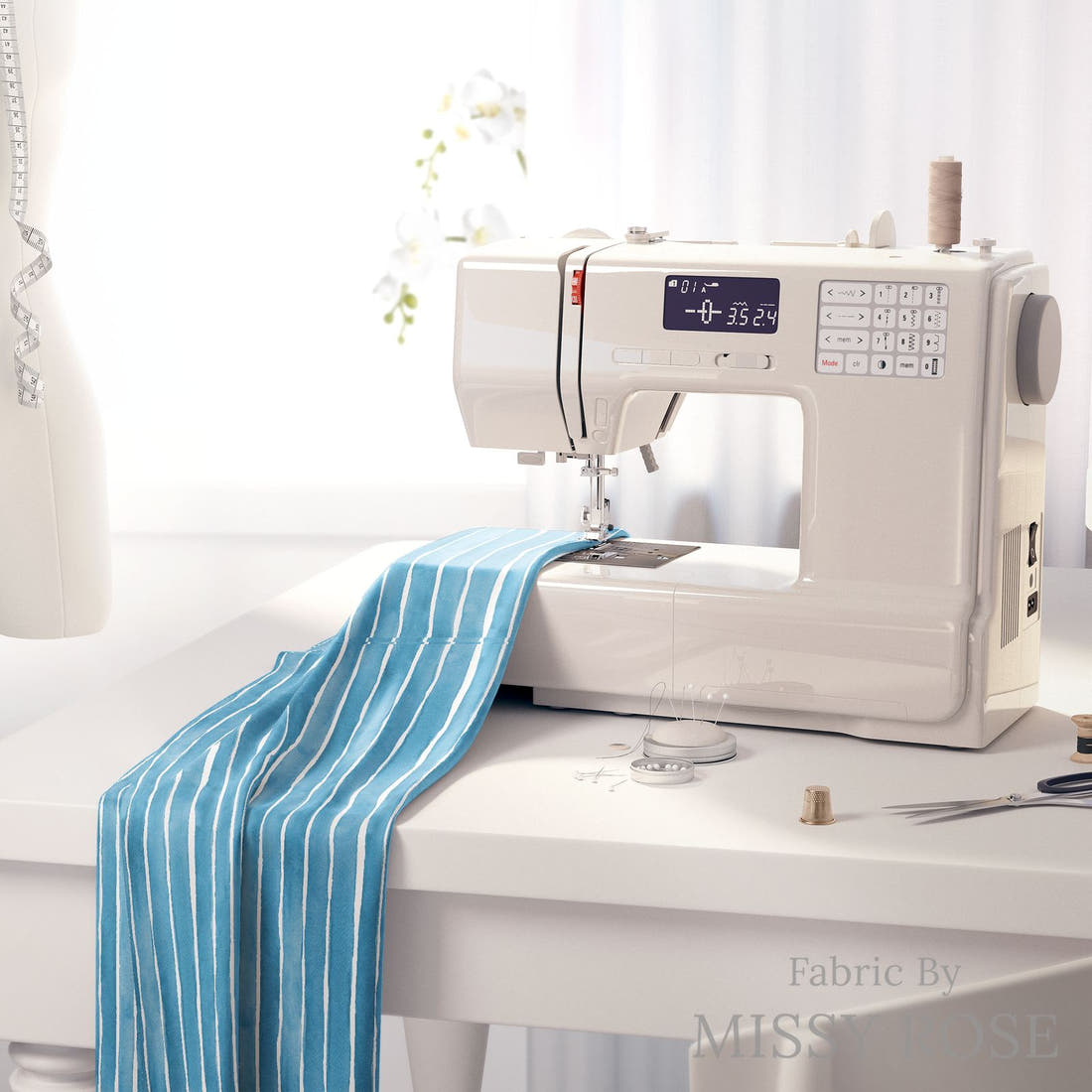 Laura Hamzic 93 on a sewing machine - premium fabric for sewing projects | Fabric by Missy Rose