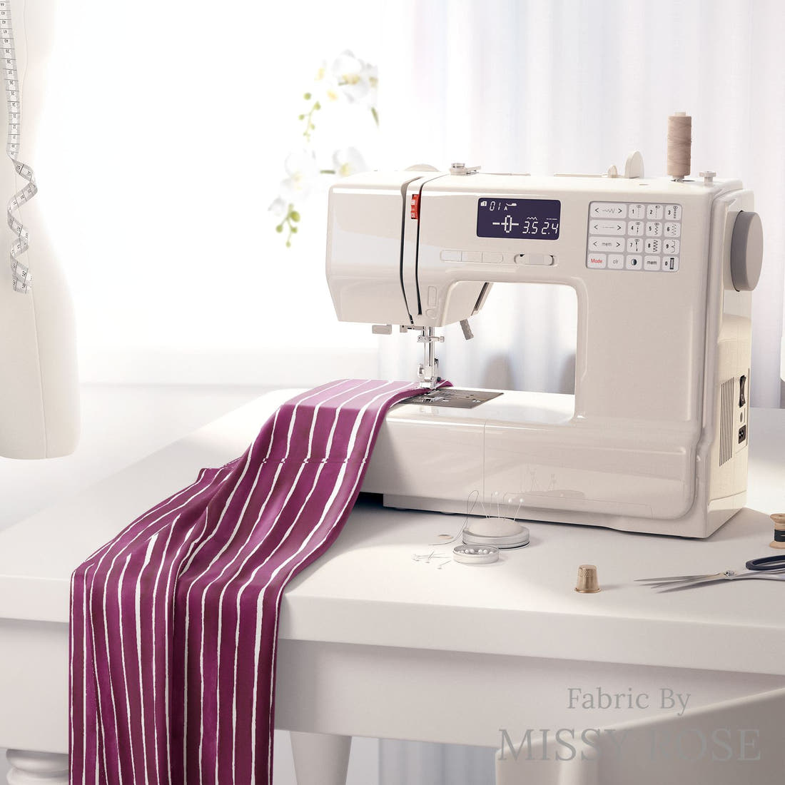 Laura Hamzic 94 on a sewing machine - premium fabric for sewing projects | Fabric by Missy Rose