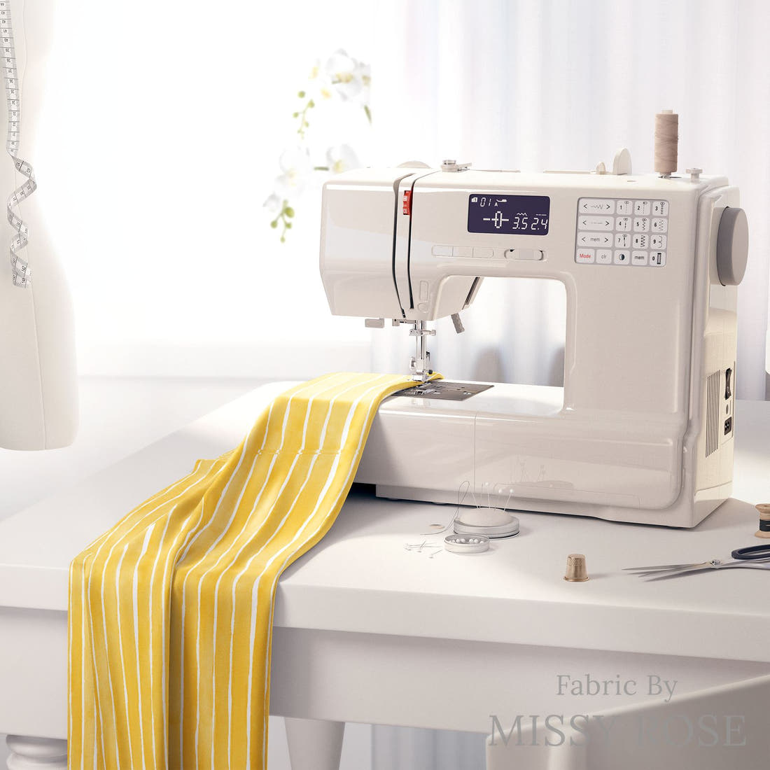 Laura Hamzic 96 on a sewing machine - premium fabric for sewing projects | Fabric by Missy Rose
