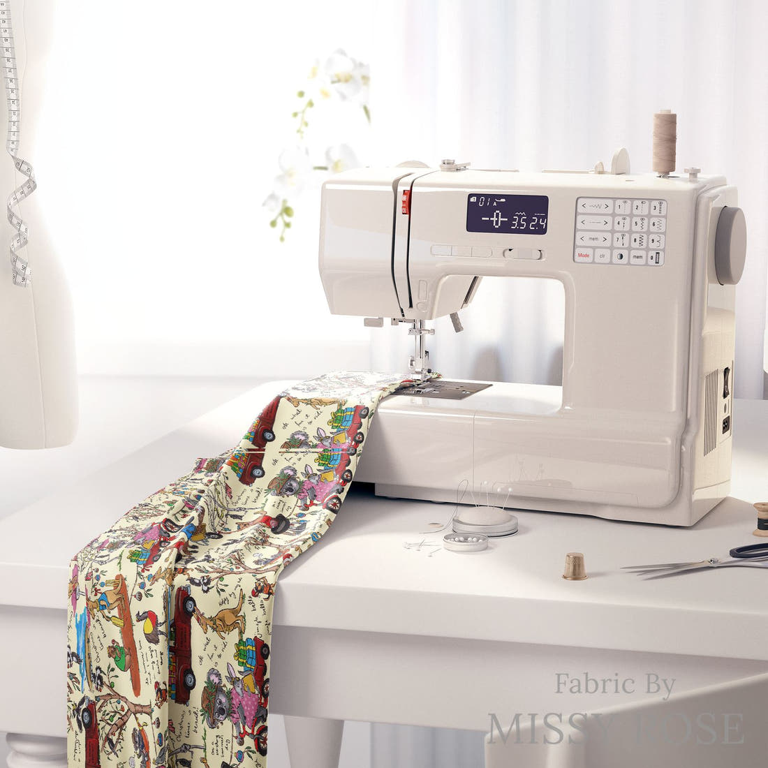 Laura Hamzic 97 on a sewing machine - premium fabric for sewing projects | Fabric by Missy Rose