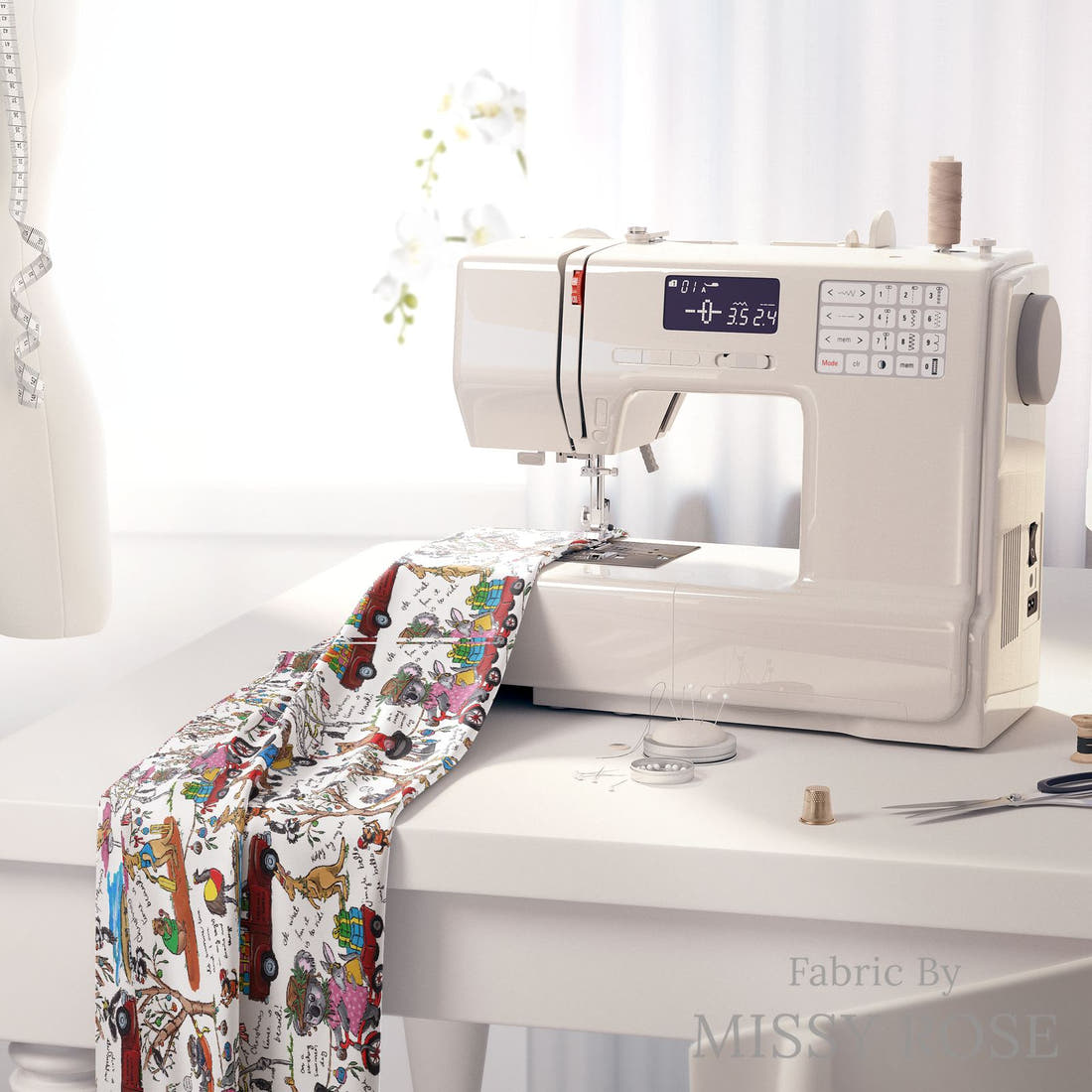 Laura Hamzic 98 on a sewing machine - premium fabric for sewing projects | Fabric by Missy Rose
