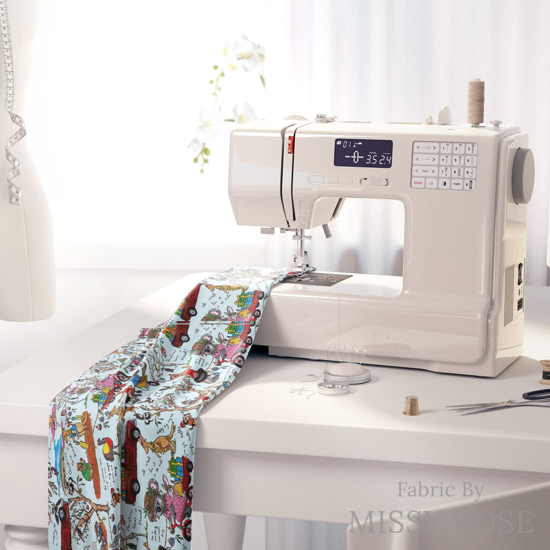 Laura Hamzic 99 on a sewing machine - premium fabric for sewing projects | Fabric by Missy Rose
