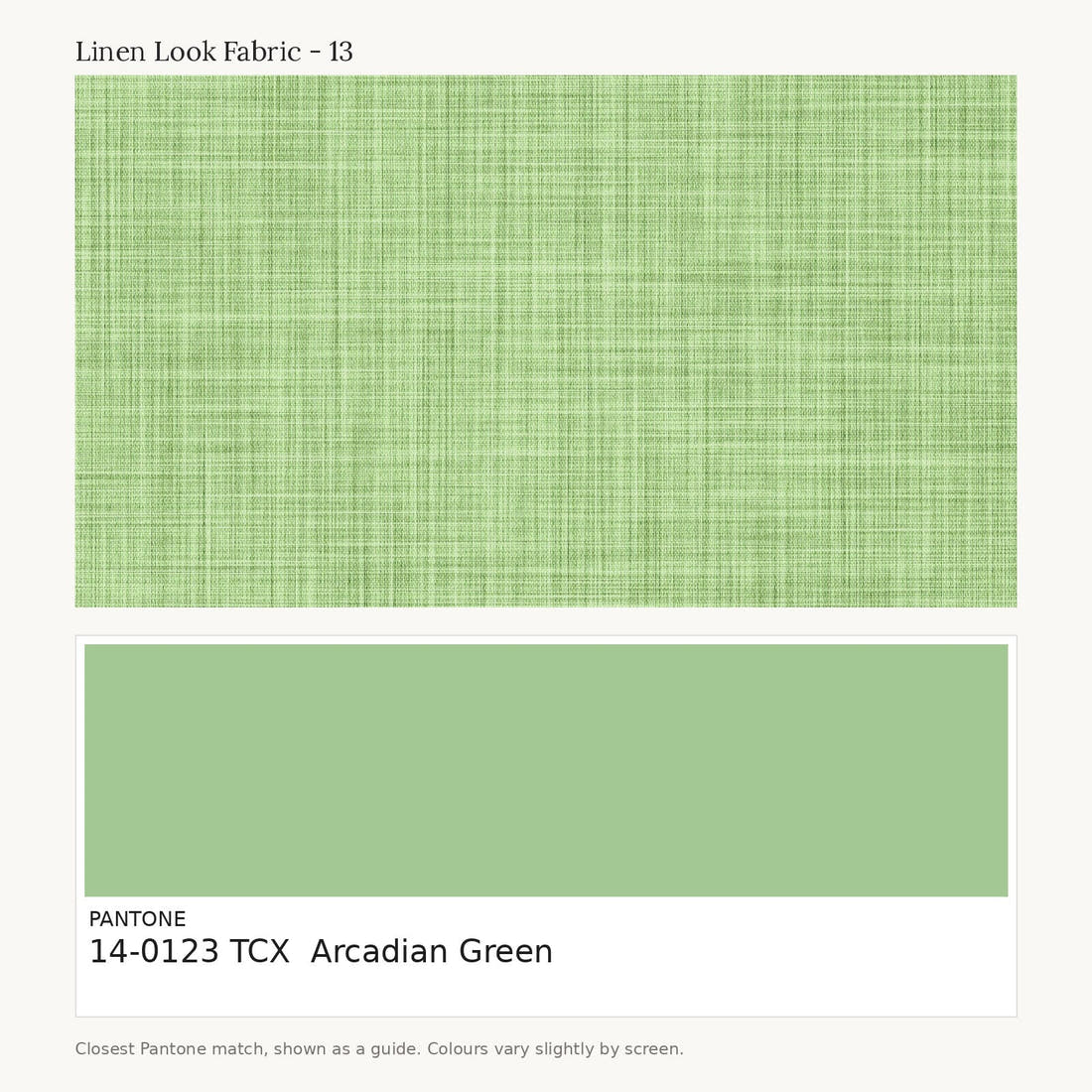 Linen Look Fabric 13 colour card - closest Pantone TCX 14-0123 Arcadian Green | Fabric by Missy Rose