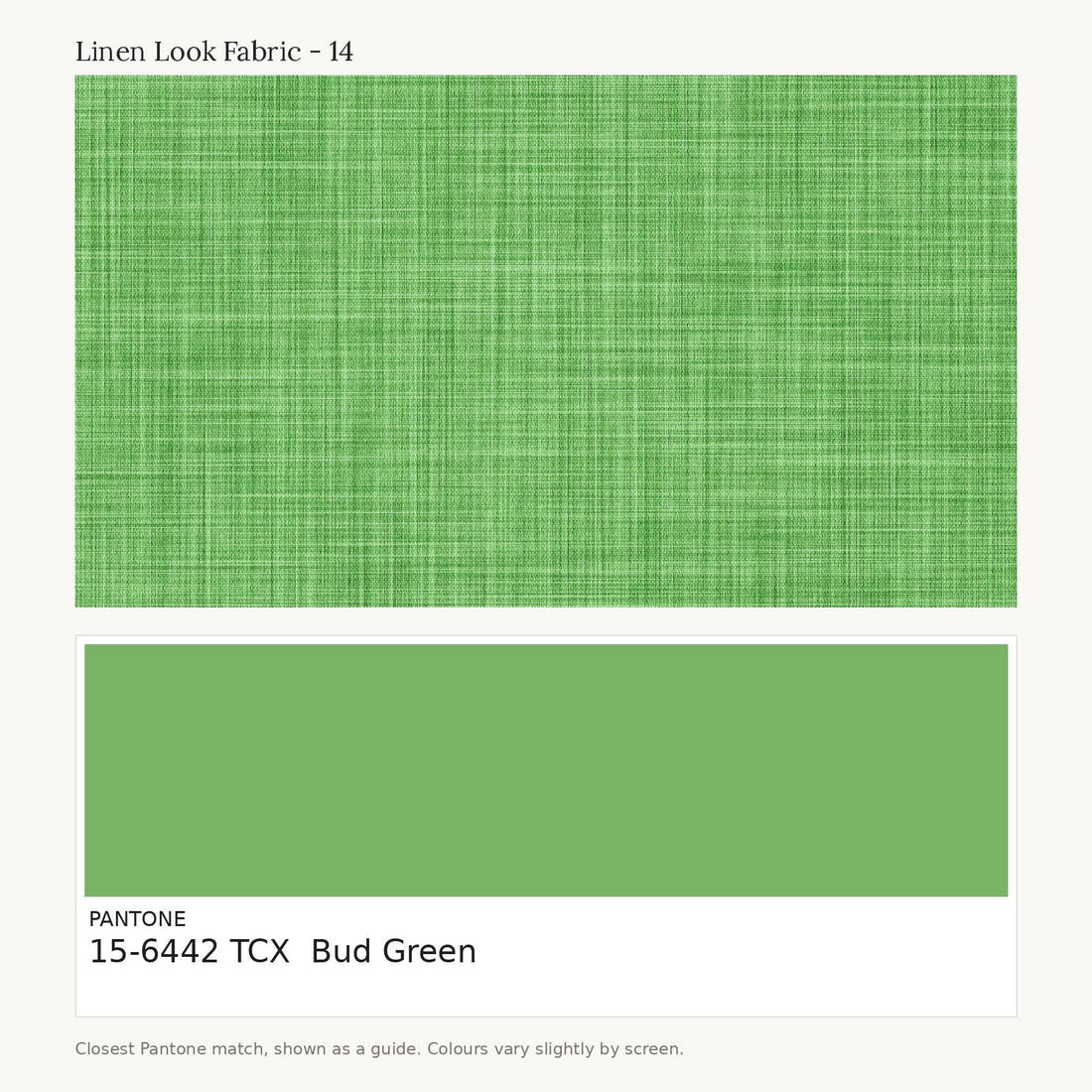 Linen Look Fabric 14 colour card - closest Pantone TCX 15-6442 Bud Green | Fabric by Missy Rose