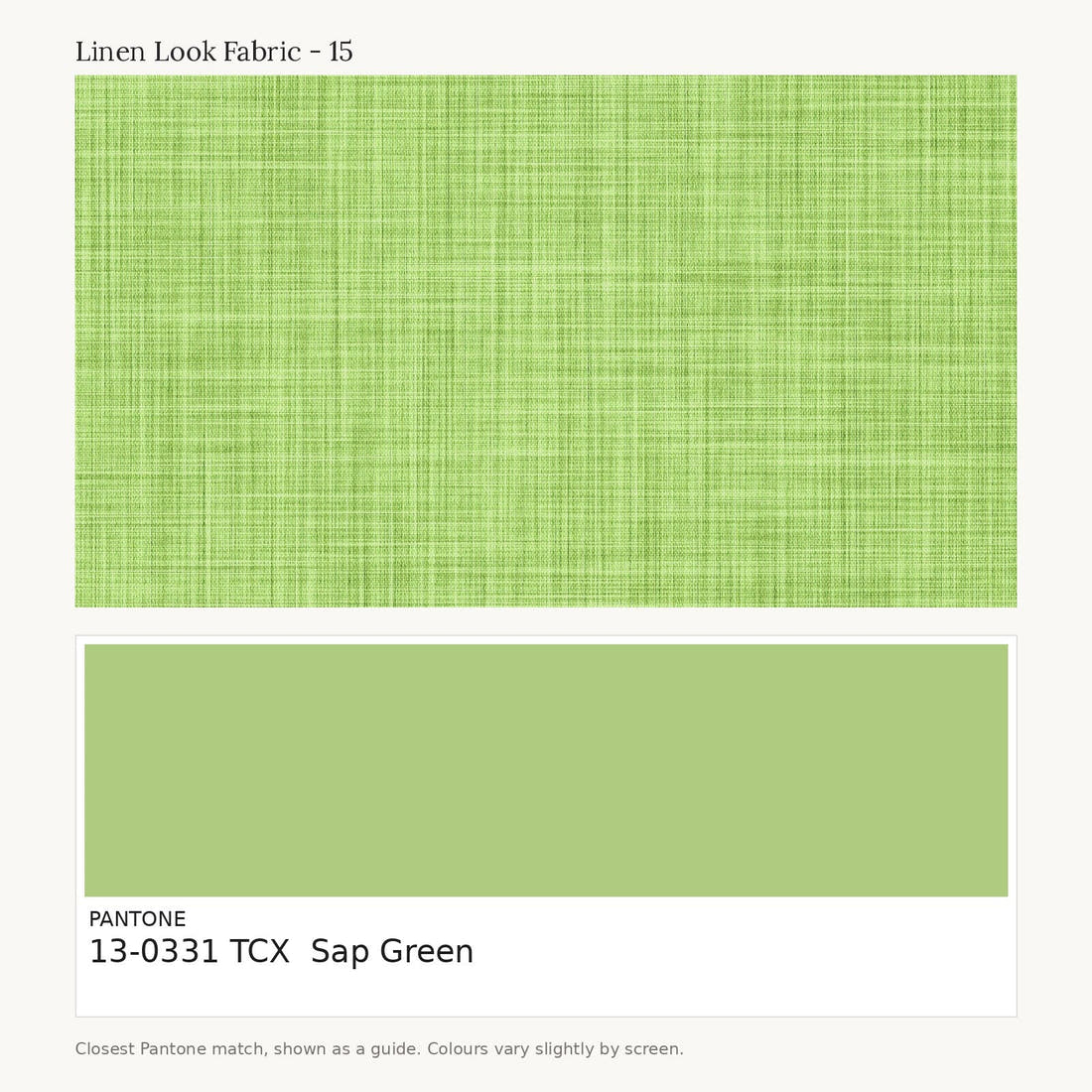 Linen Look Fabric 15 colour card - closest Pantone TCX 13-0331 Sap Green | Fabric by Missy Rose