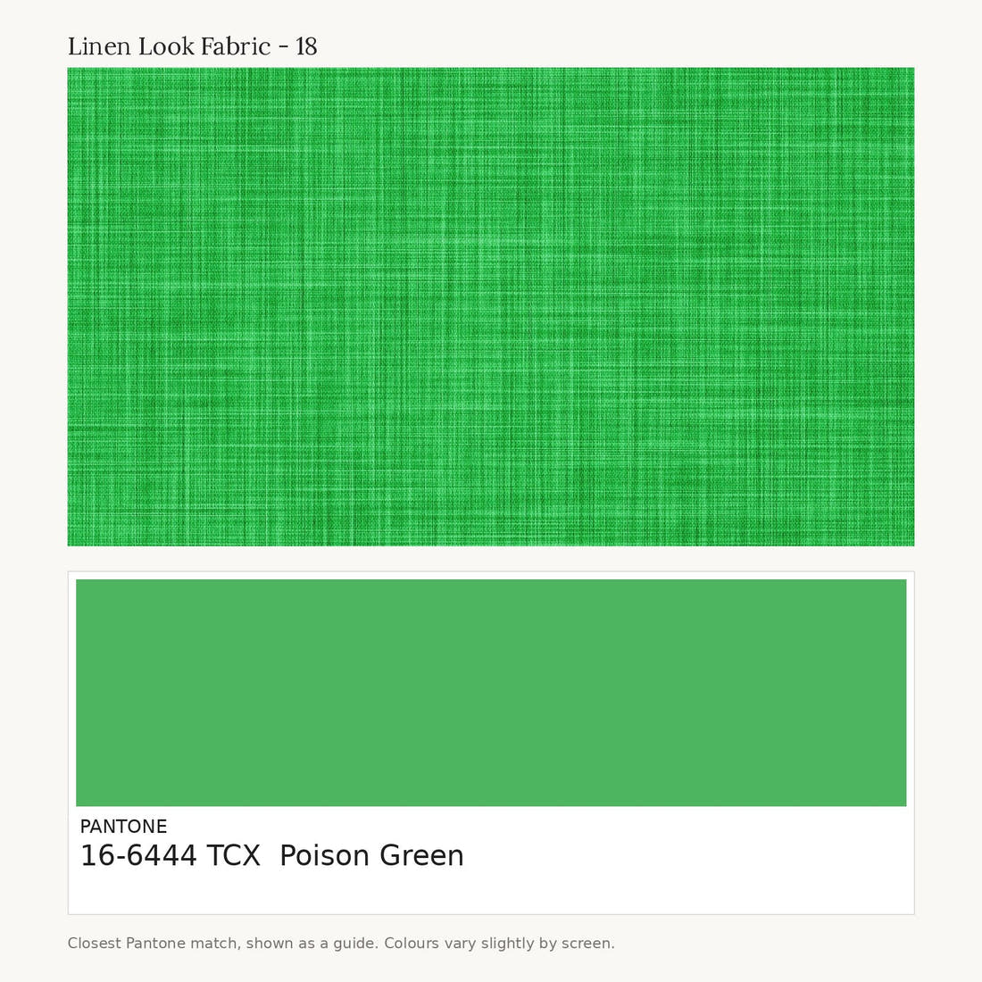 Linen Look Fabric 18 colour card - closest Pantone TCX 16-6444 Poison Green | Fabric by Missy Rose