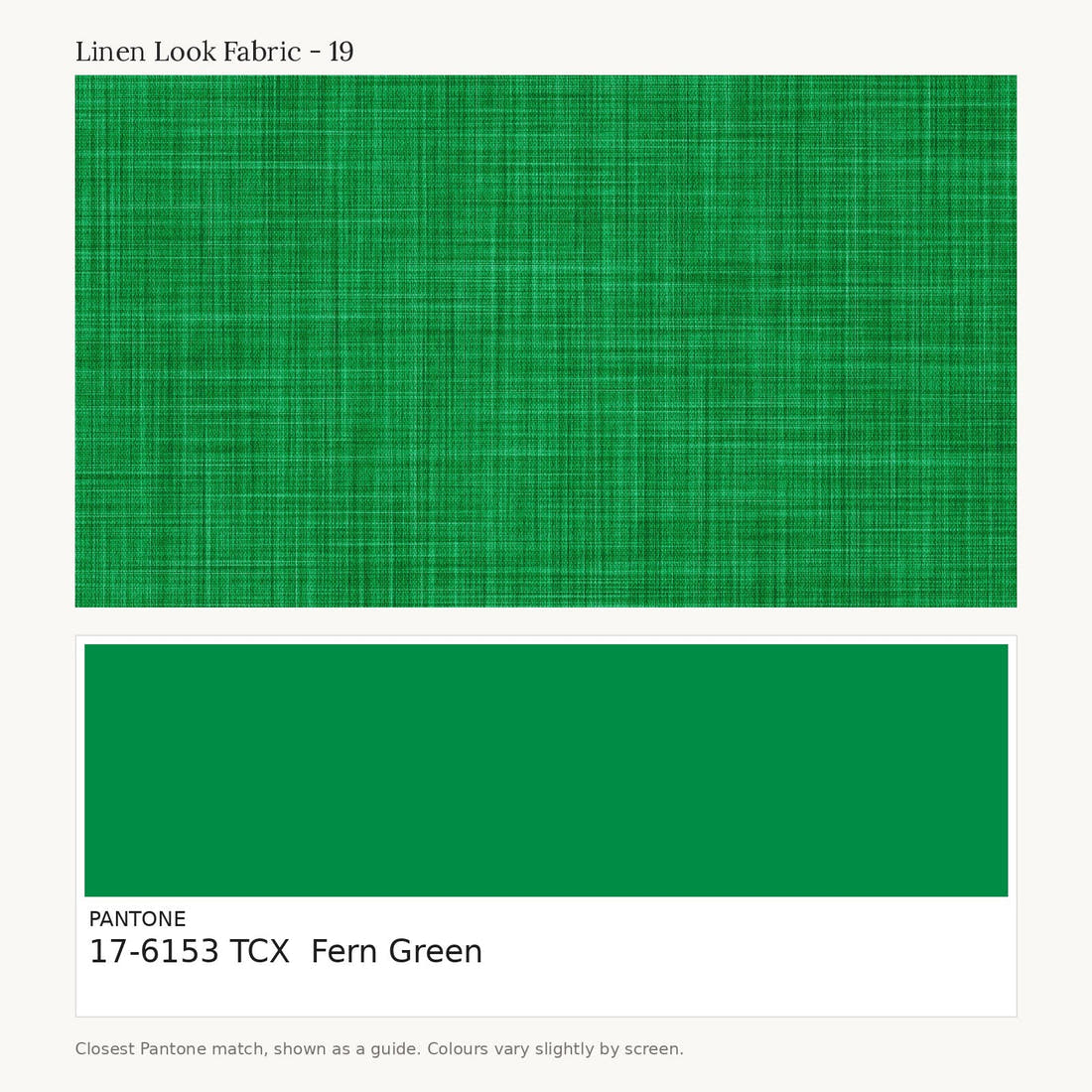Linen Look Fabric 19 colour card - closest Pantone TCX 17-6153 Fern Green | Fabric by Missy Rose
