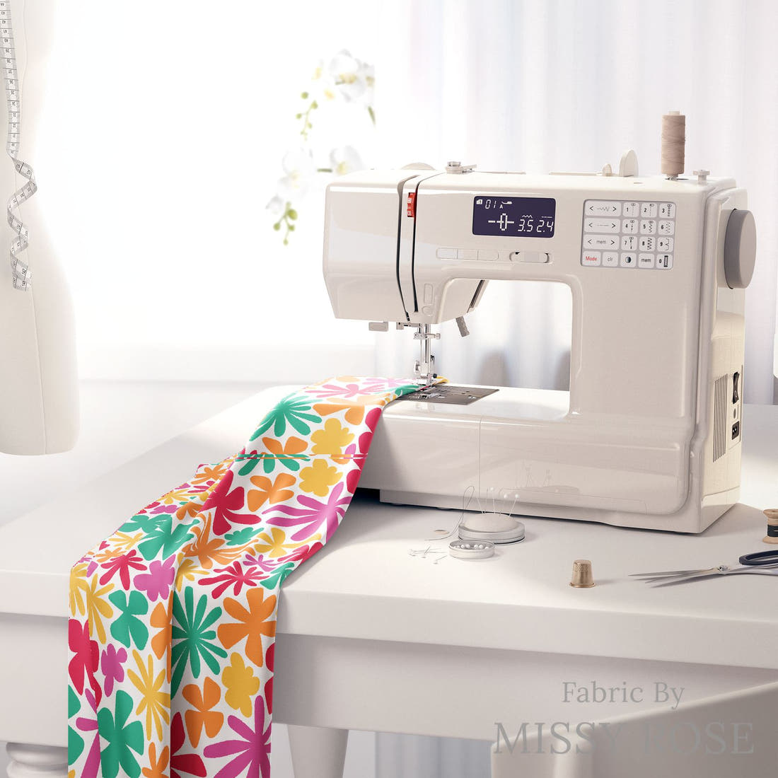 Little Black Kat 02 on a sewing machine - premium fabric for sewing projects | Fabric by Missy Rose