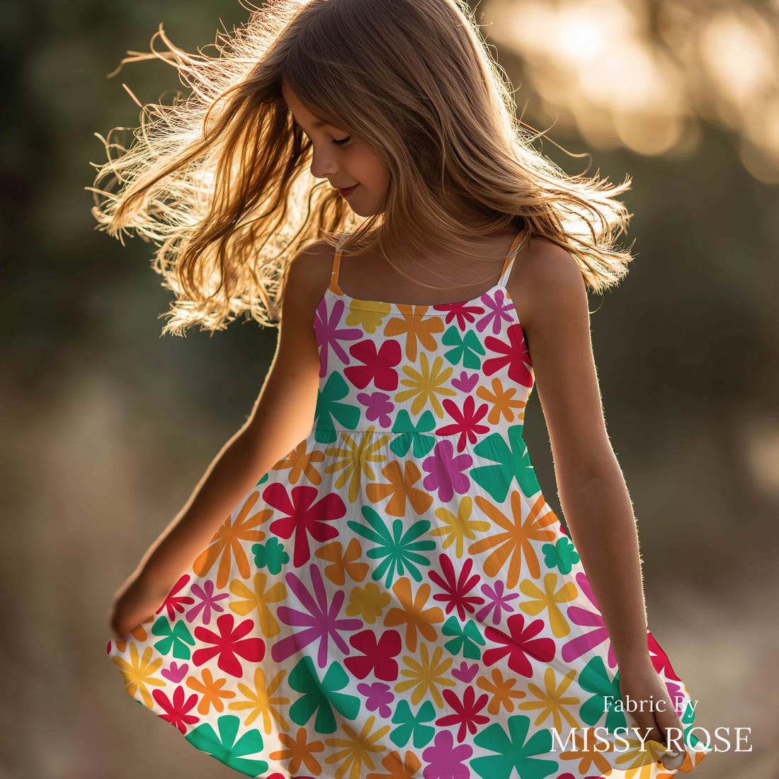 Little Black Kat 02 sewn into a girls' dress - see how the print looks made up | Fabric by Missy Rose
