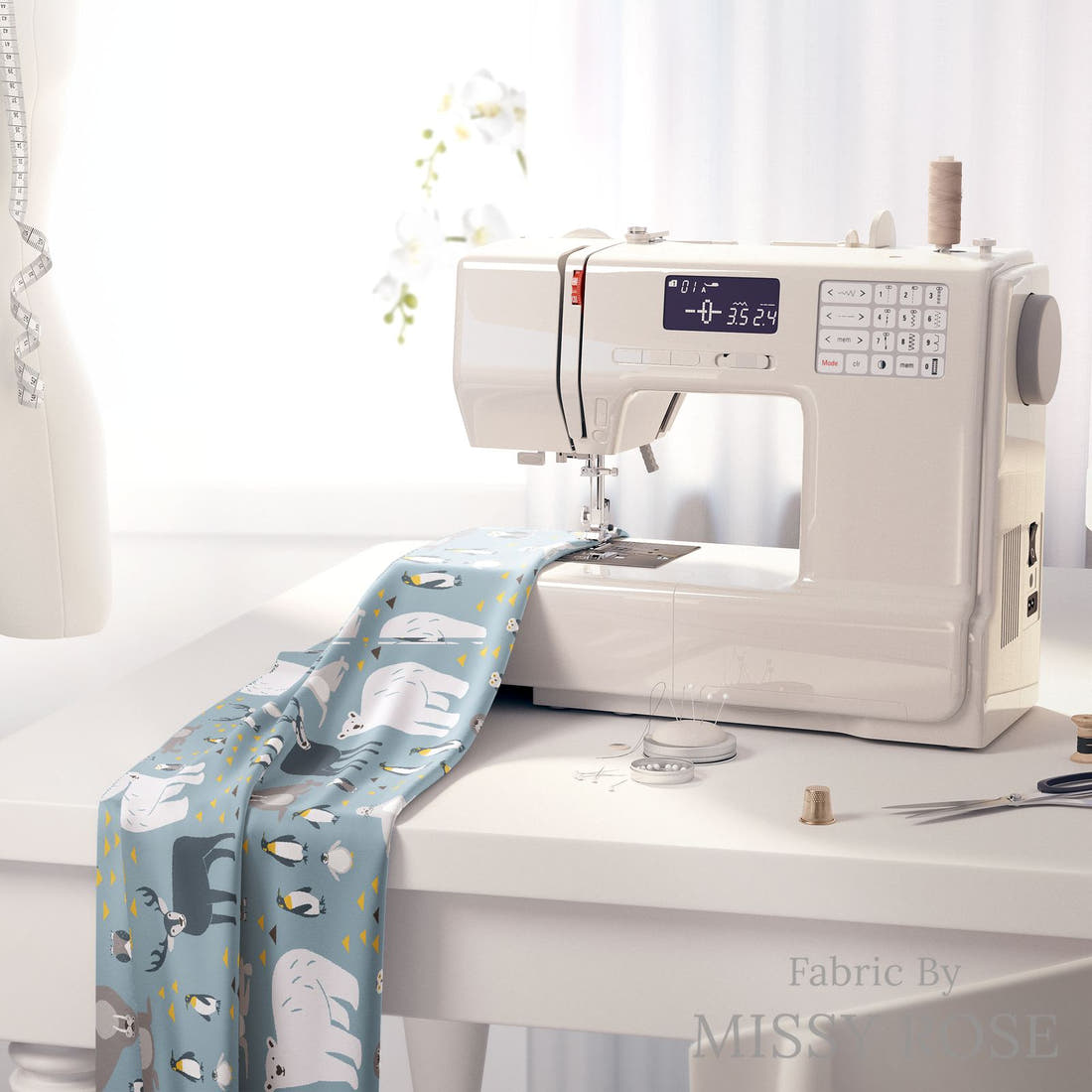 Little Black Kat 04 on a sewing machine - premium fabric for sewing projects | Fabric by Missy Rose