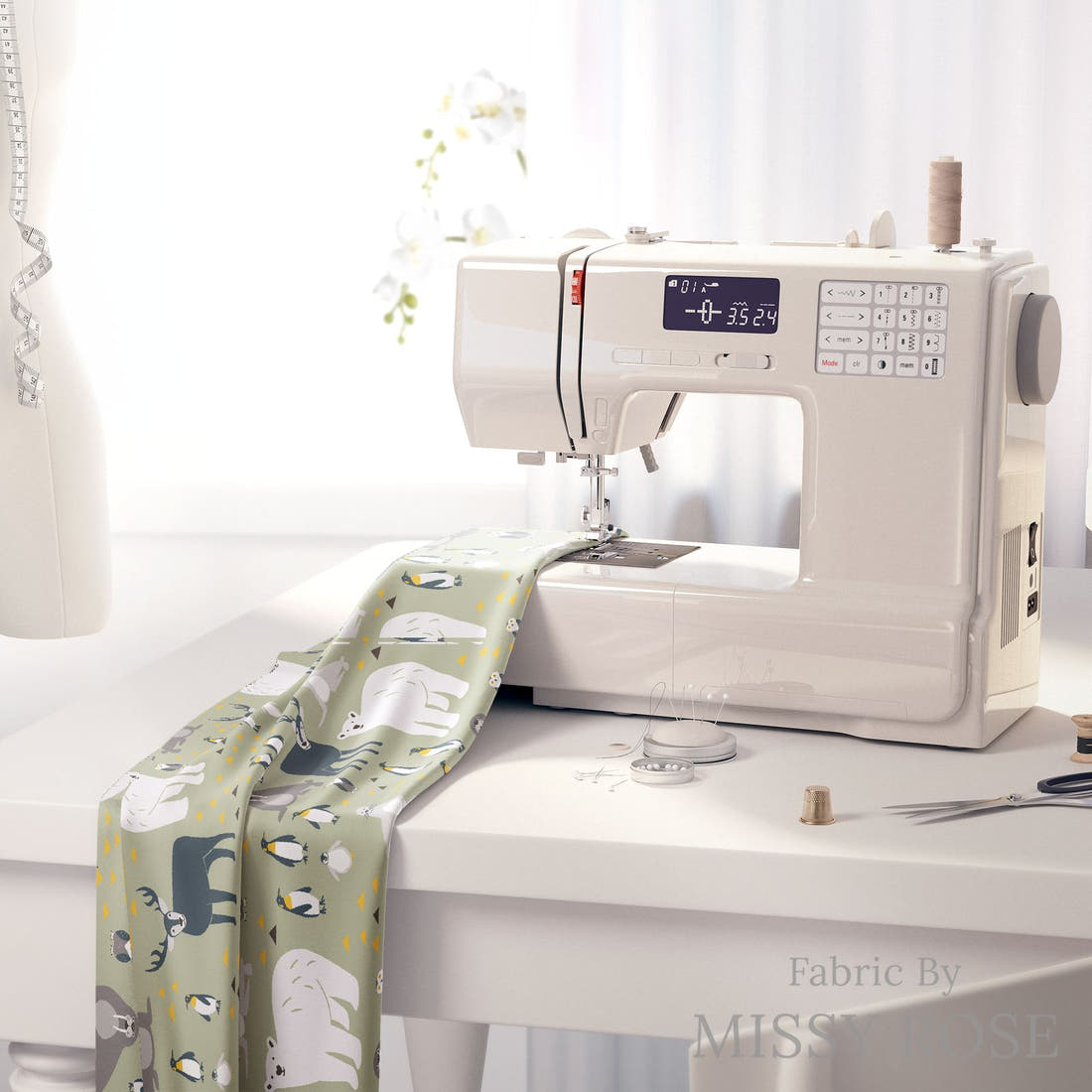 Little Black Kat 05 on a sewing machine - premium fabric for sewing projects | Fabric by Missy Rose