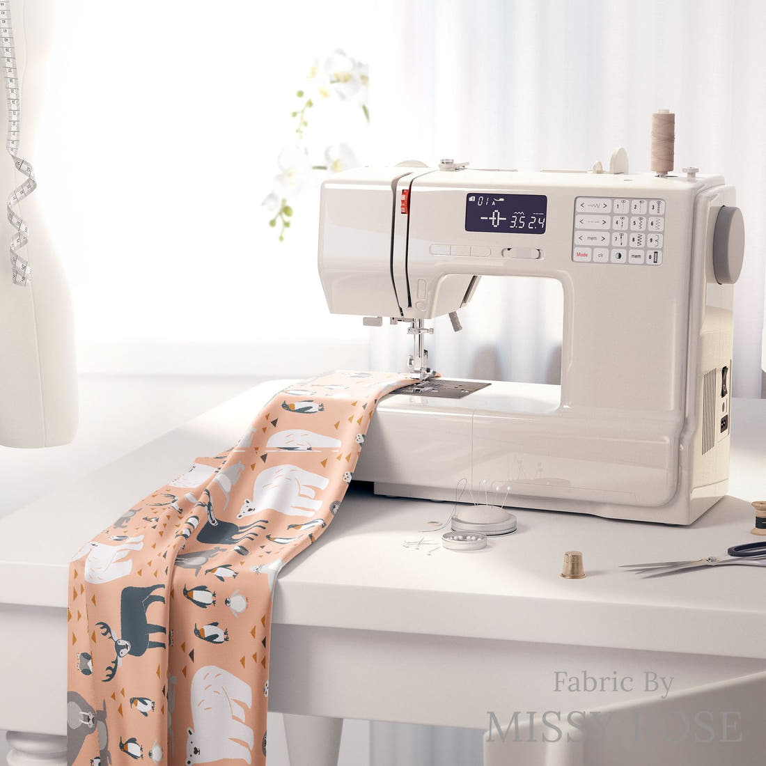 Little Black Kat 06 on a sewing machine - premium fabric for sewing projects | Fabric by Missy Rose