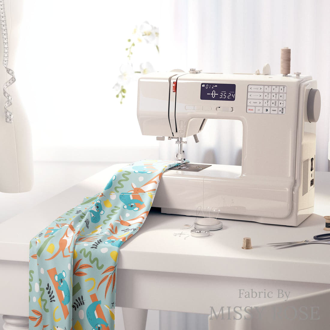 Little Black Kat 07 on a sewing machine - premium fabric for sewing projects | Fabric by Missy Rose