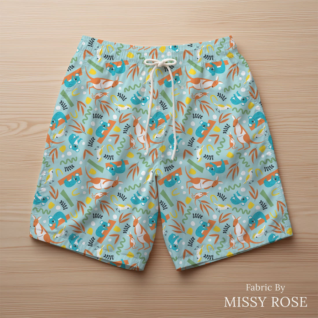 Little Black Kat 07 sewn into swim shorts - see how the print looks made up | Fabric by Missy Rose