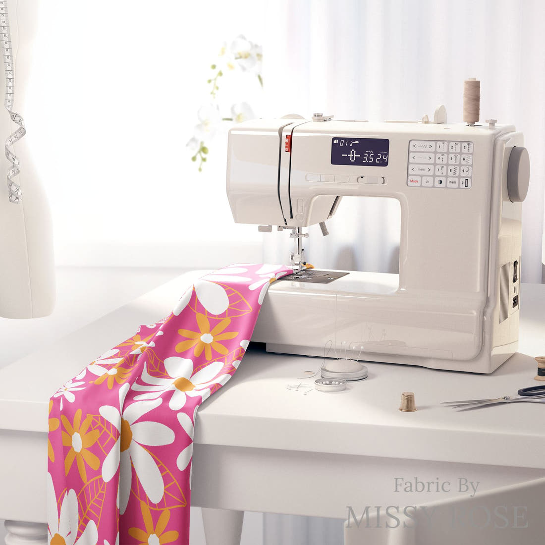 Little Black Kat 10 on a sewing machine - premium fabric for sewing projects | Fabric by Missy Rose