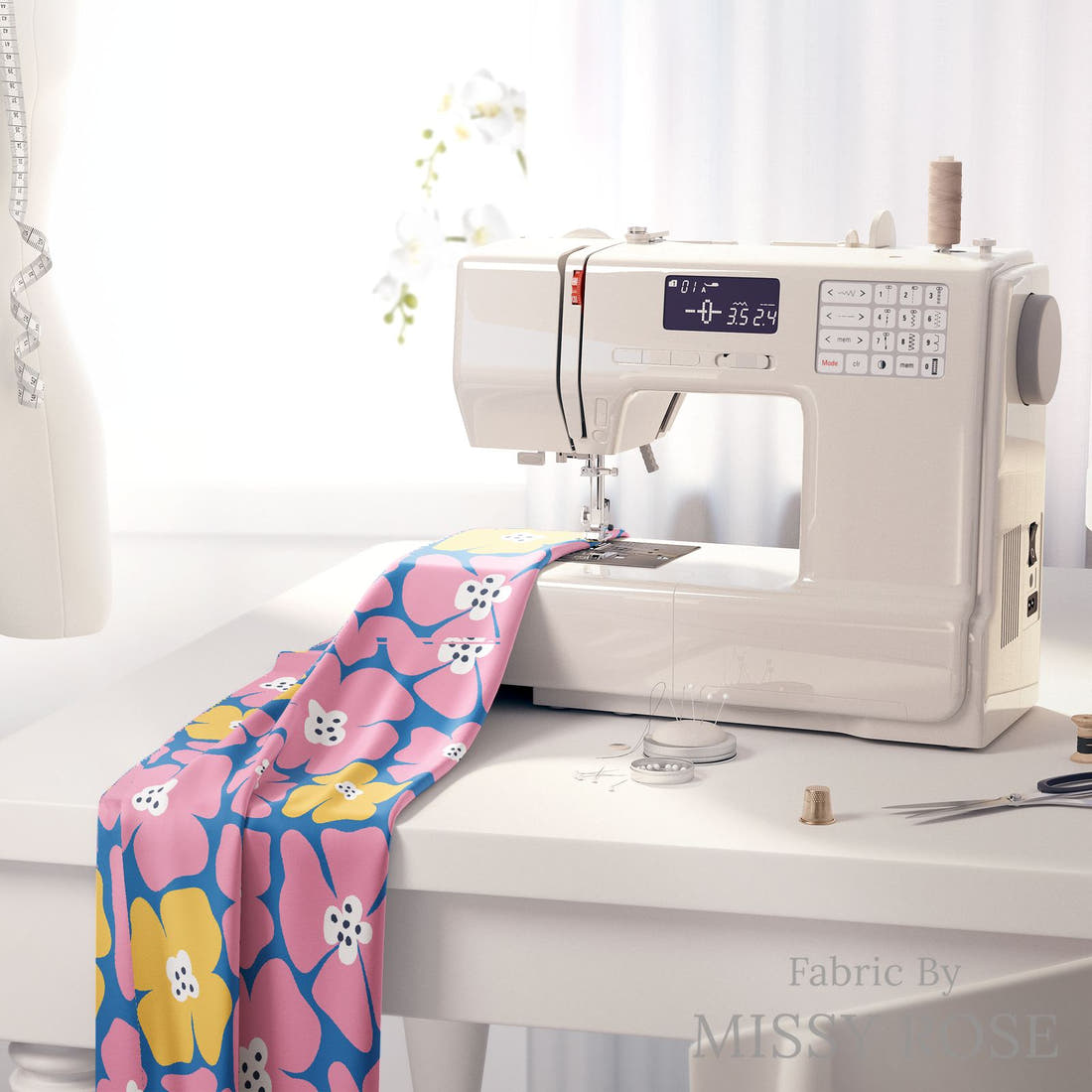 Little Black Kat 11 on a sewing machine - premium fabric for sewing projects | Fabric by Missy Rose