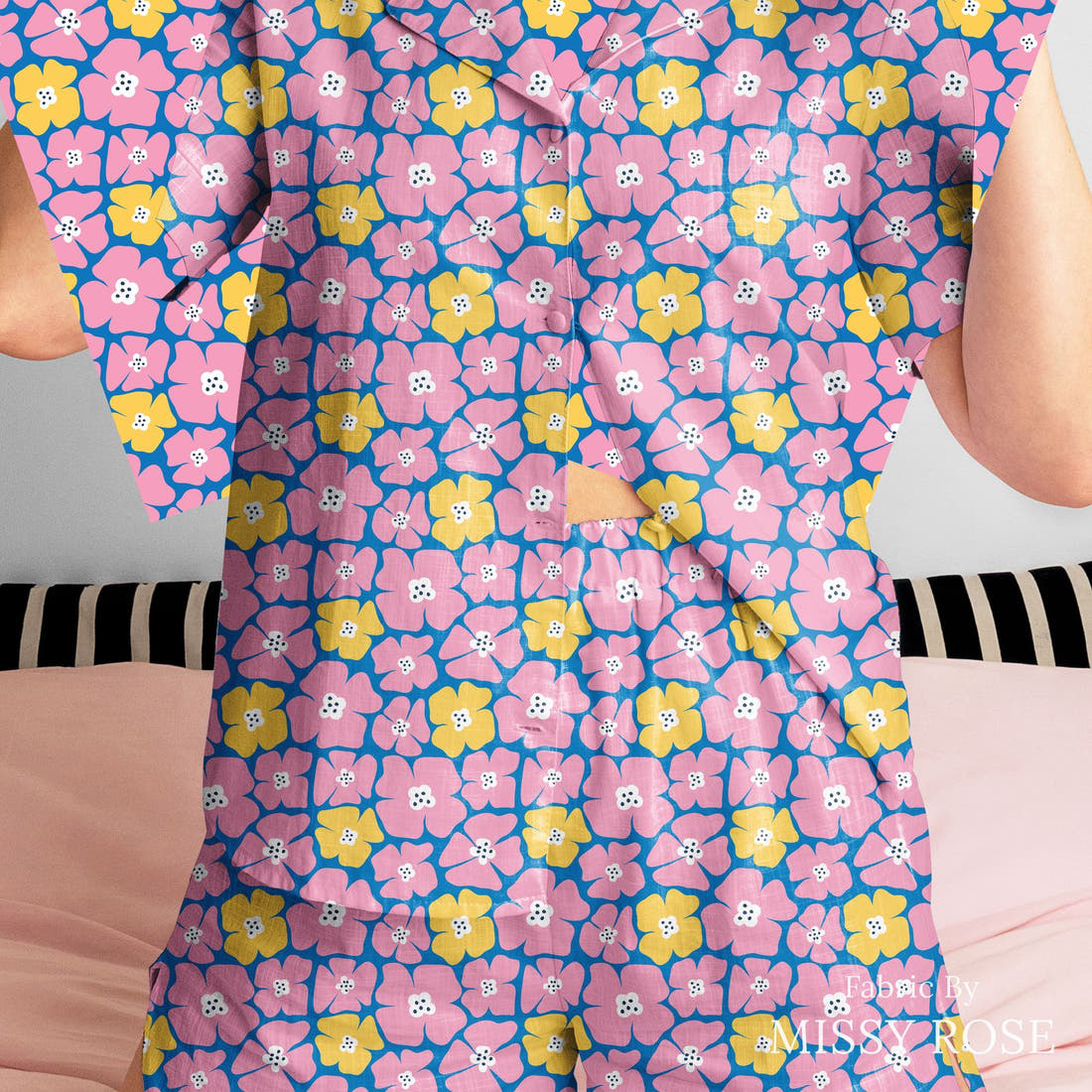 Little Black Kat 11 sewn into a women's pyjama set - see how the print looks made up | Fabric by Missy Rose