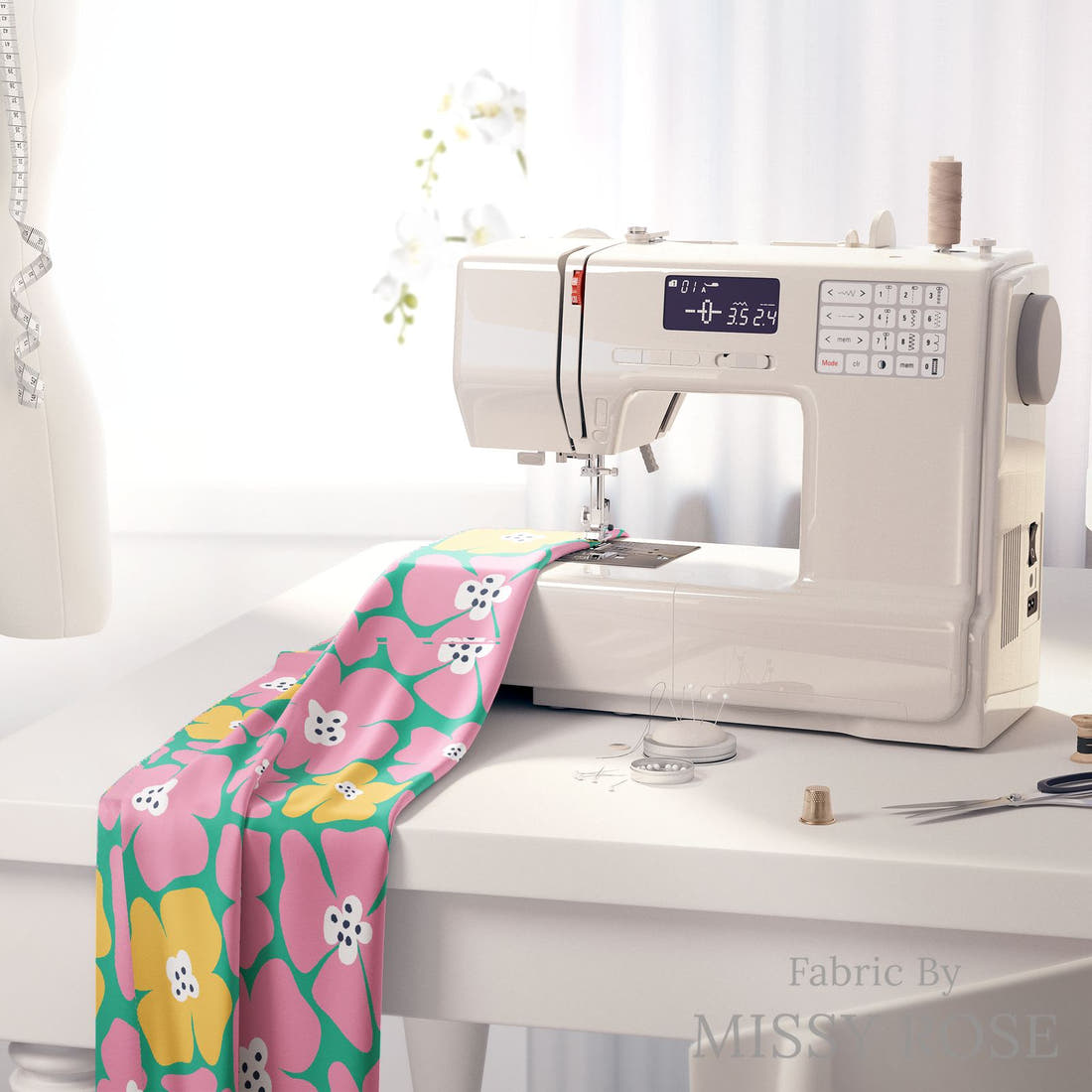 Little Black Kat 12 on a sewing machine - premium fabric for sewing projects | Fabric by Missy Rose