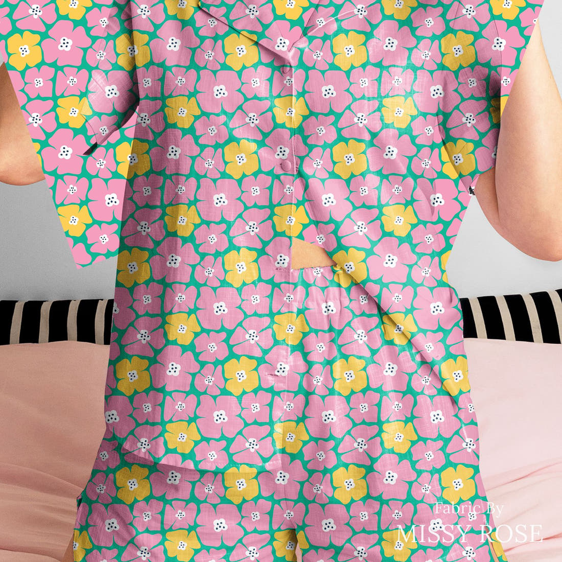 Little Black Kat 12 sewn into a women's pyjama set - see how the print looks made up | Fabric by Missy Rose
