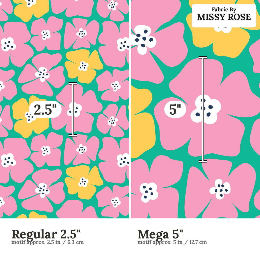 Little Black Kat 12 Regular 2.5 inch vs Mega 5 inch print scale side by side | Fabric by Missy Rose