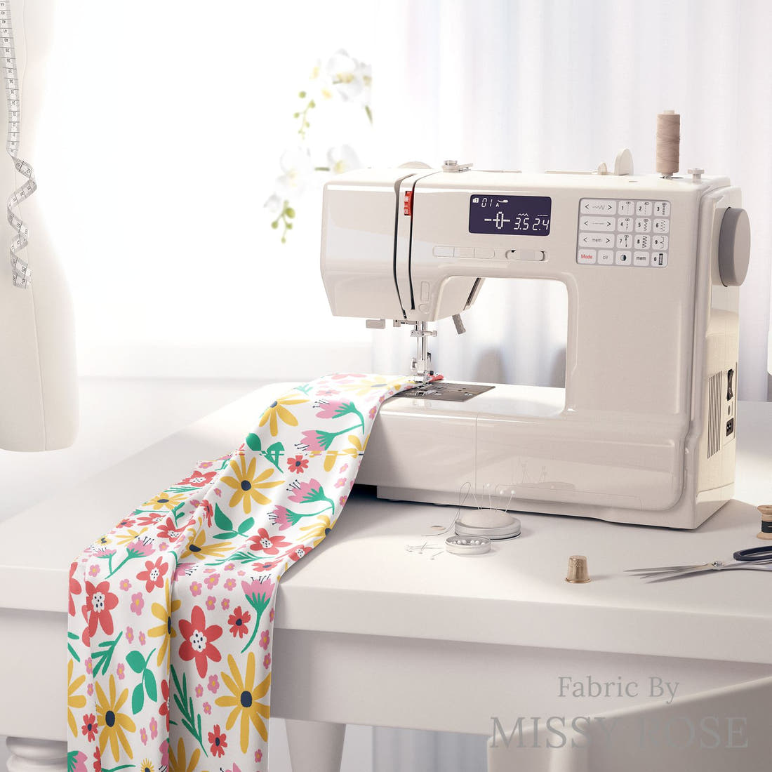 Little Black Kat 13 on a sewing machine - premium fabric for sewing projects | Fabric by Missy Rose