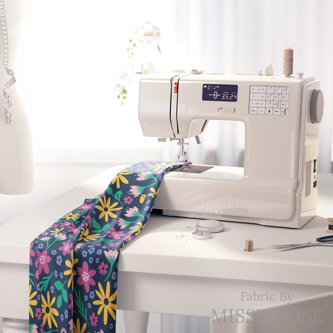 Little Black Kat 15 on a sewing machine - premium fabric for sewing projects | Fabric by Missy Rose