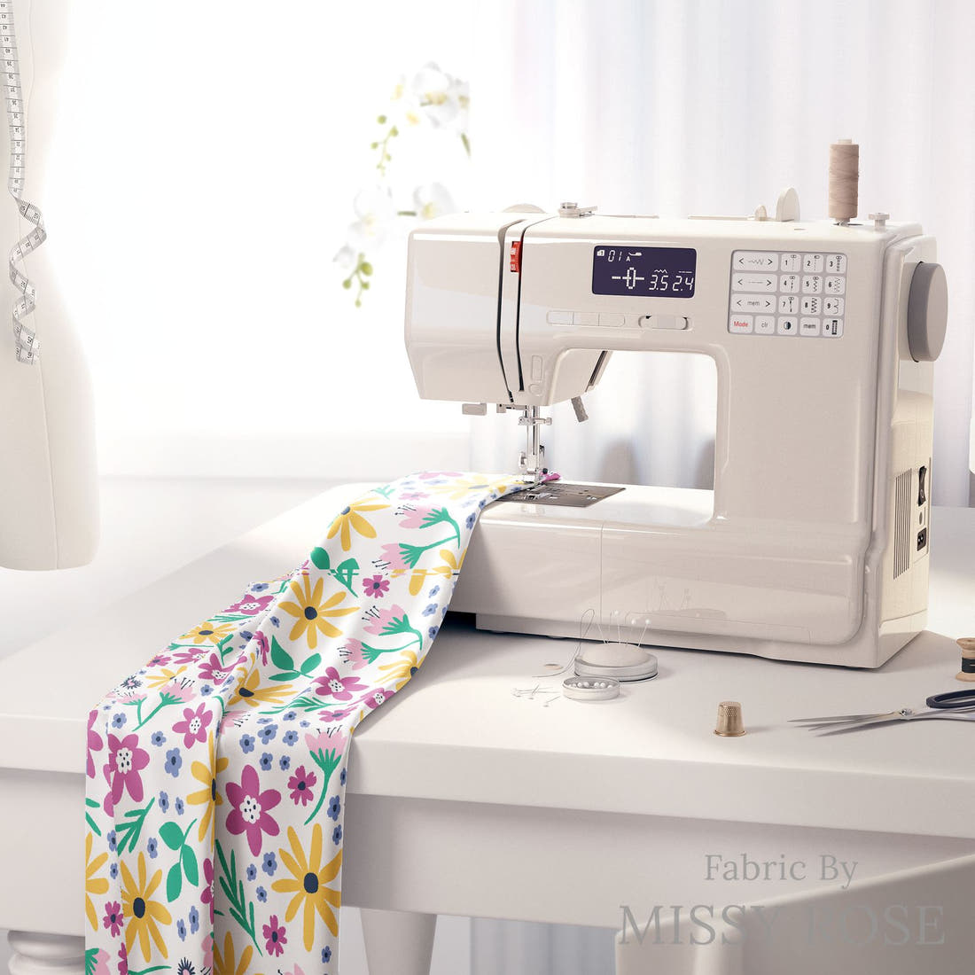 Little Black Kat 16 on a sewing machine - premium fabric for sewing projects | Fabric by Missy Rose