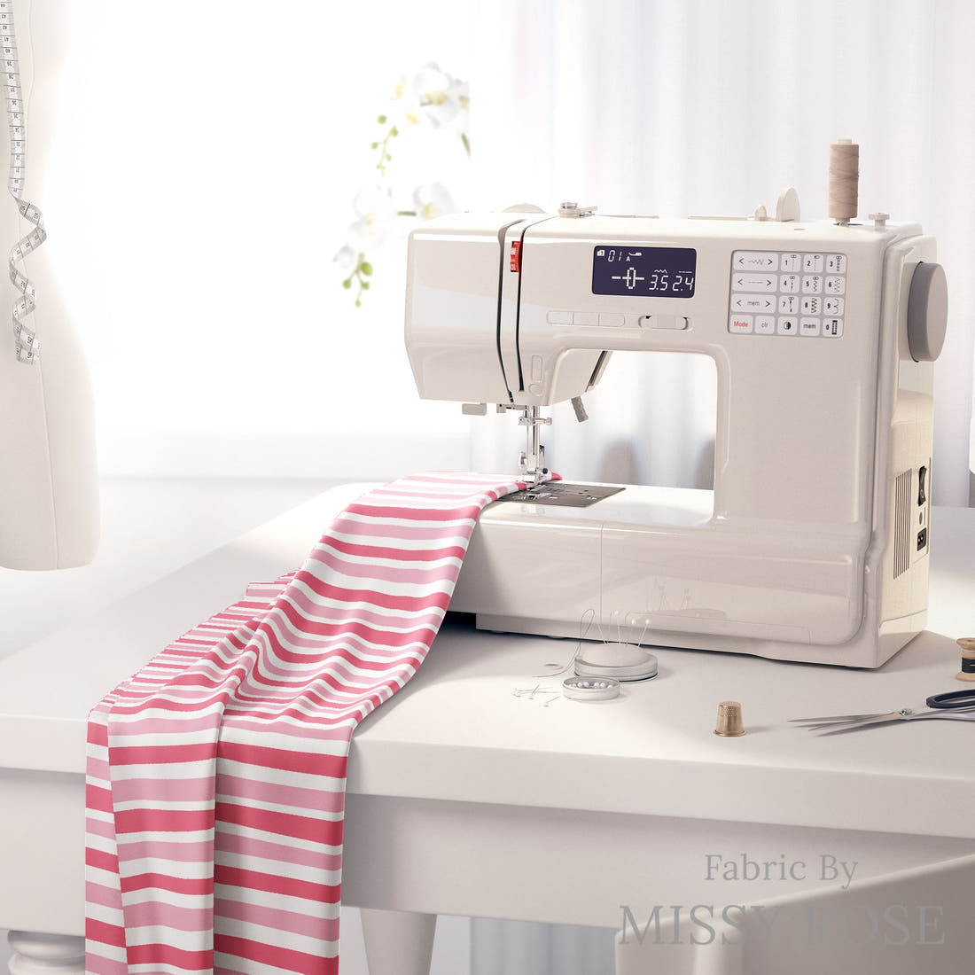 Little Black Kat 19 on a sewing machine - premium fabric for sewing projects | Fabric by Missy Rose
