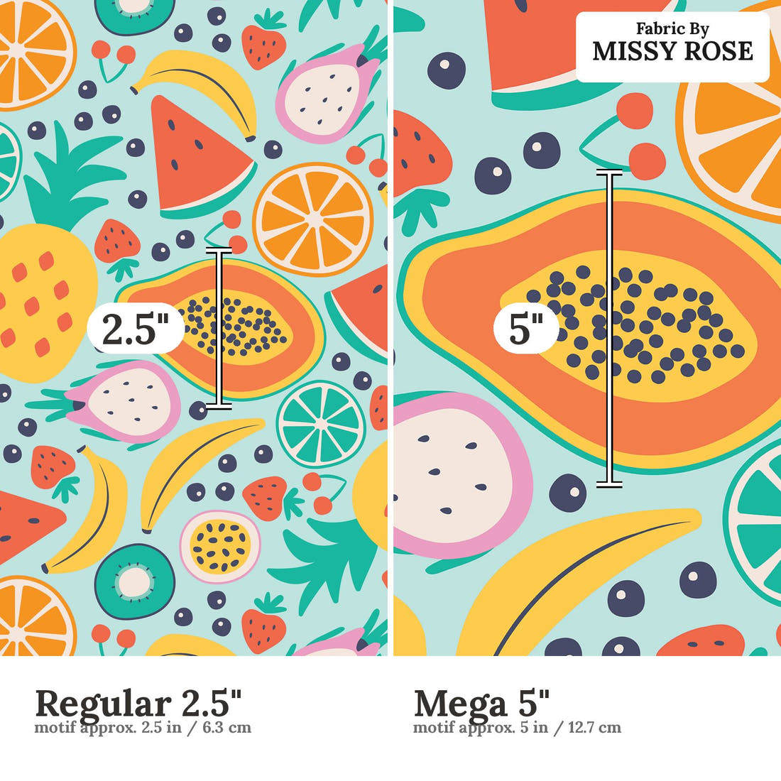 Little Black Kat 21 Regular 2.5 inch vs Mega 5 inch print scale side by side | Fabric by Missy Rose
