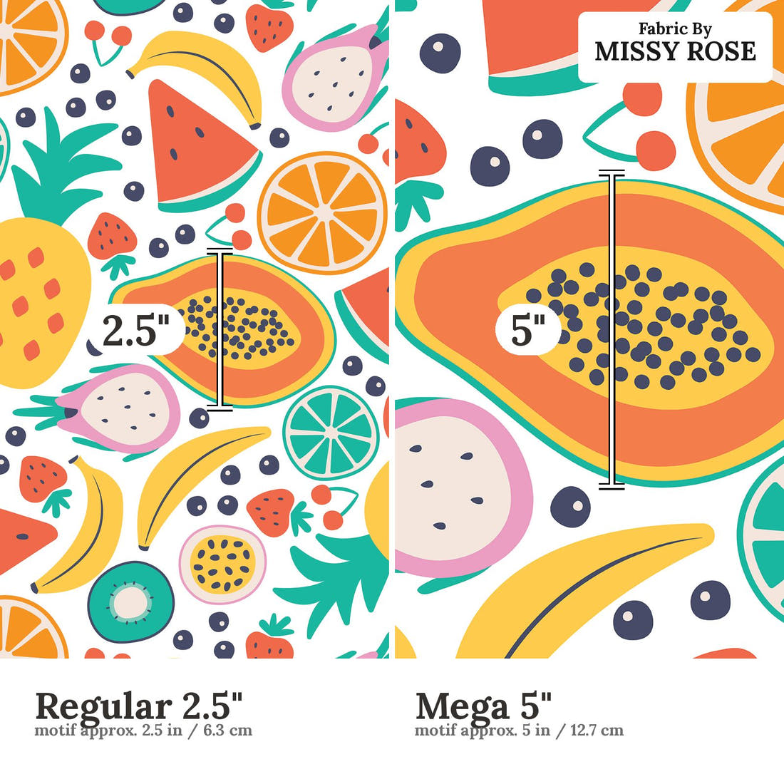 Little Black Kat 22 Regular 2.5 inch vs Mega 5 inch print scale side by side | Fabric by Missy Rose