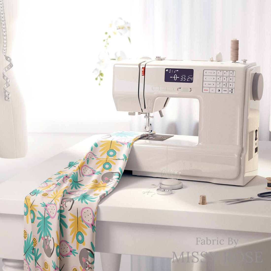 Little Black Kat 23 on a sewing machine - premium fabric for sewing projects | Fabric by Missy Rose