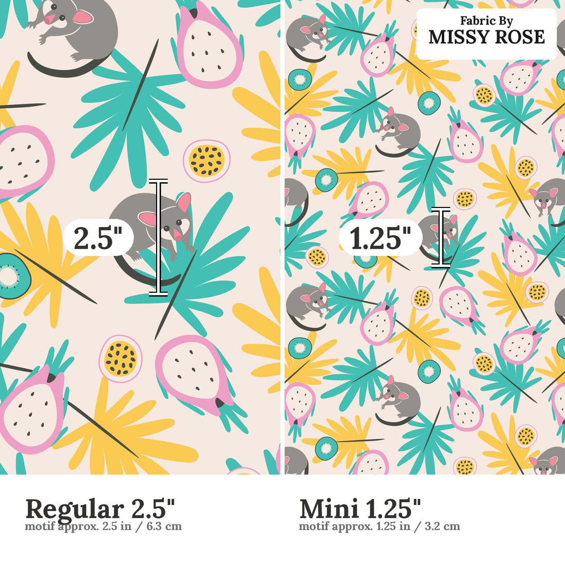 Little Black Kat 23 Regular 2.5 inch vs Mini 1.25 inch print scale side by side | Fabric by Missy Rose