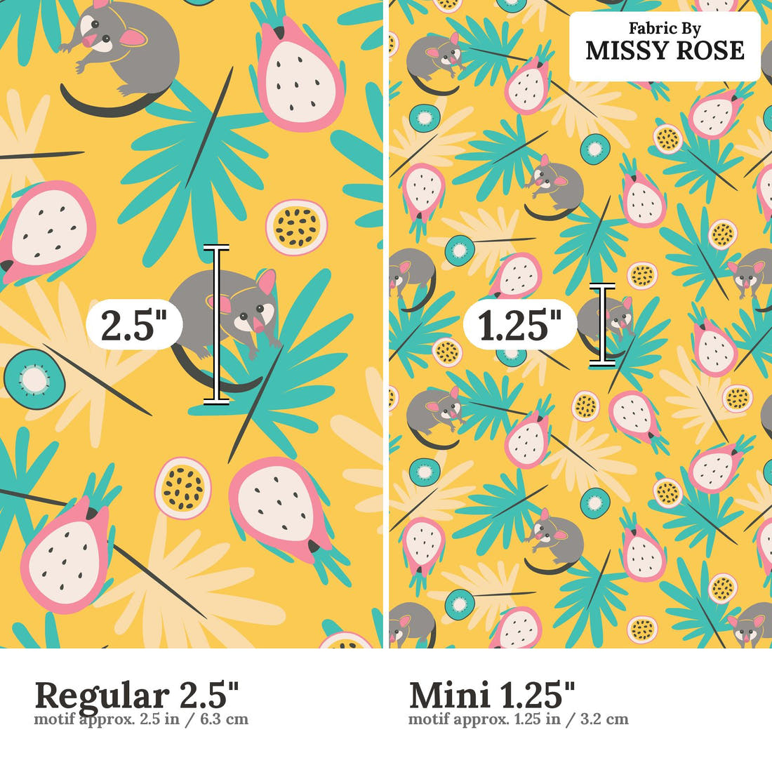 Little Black Kat 24 Regular 2.5 inch vs Mini 1.25 inch print scale side by side | Fabric by Missy Rose
