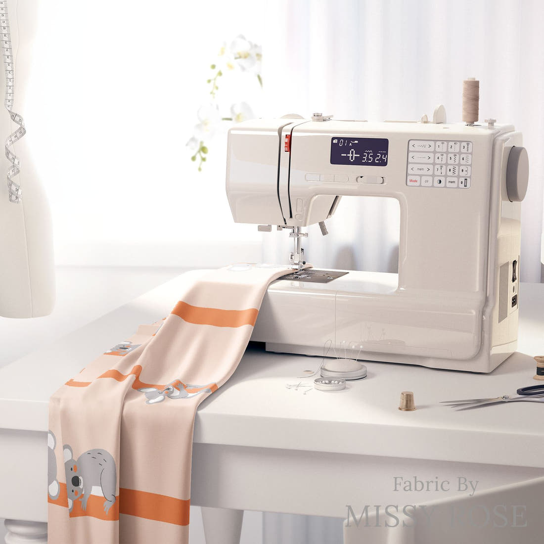 Little Black Kat 26 on a sewing machine - premium fabric for sewing projects | Fabric by Missy Rose