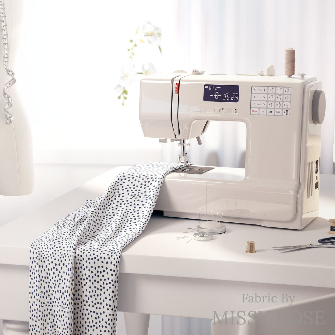 Little Black Kat 27 on a sewing machine - premium fabric for sewing projects | Fabric by Missy Rose