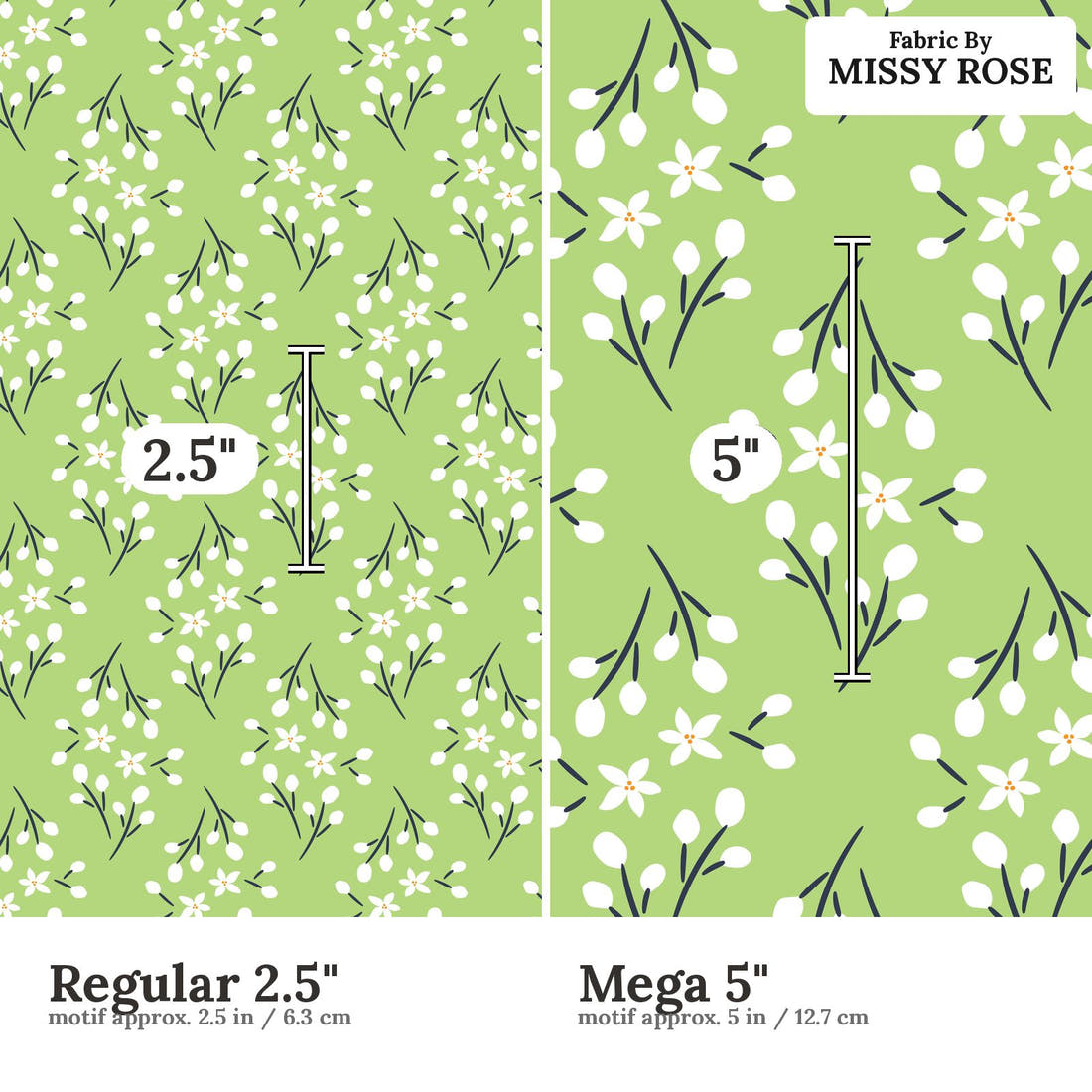 Little Black Kat 28 Regular 2.5 inch vs Mega 5 inch print scale side by side | Fabric by Missy Rose