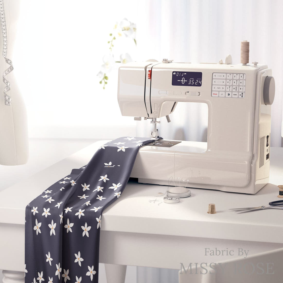 Little Black Kat 30 on a sewing machine - premium fabric for sewing projects | Fabric by Missy Rose