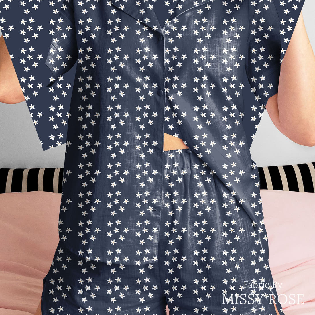 Little Black Kat 30 sewn into a women's pyjama set - see how the print looks made up | Fabric by Missy Rose