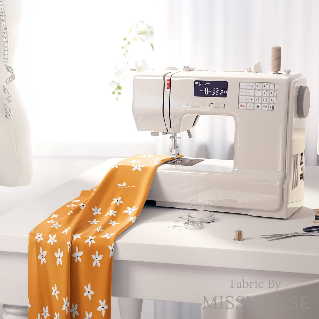 Little Black Kat 31 on a sewing machine - premium fabric for sewing projects | Fabric by Missy Rose