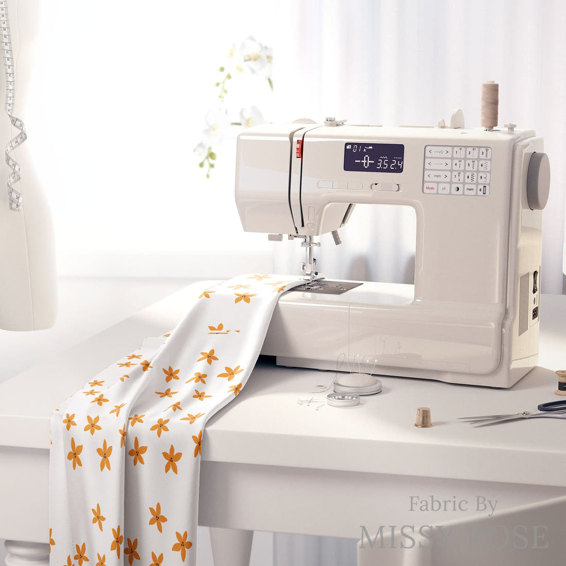 Little Black Kat 32 on a sewing machine - premium fabric for sewing projects | Fabric by Missy Rose