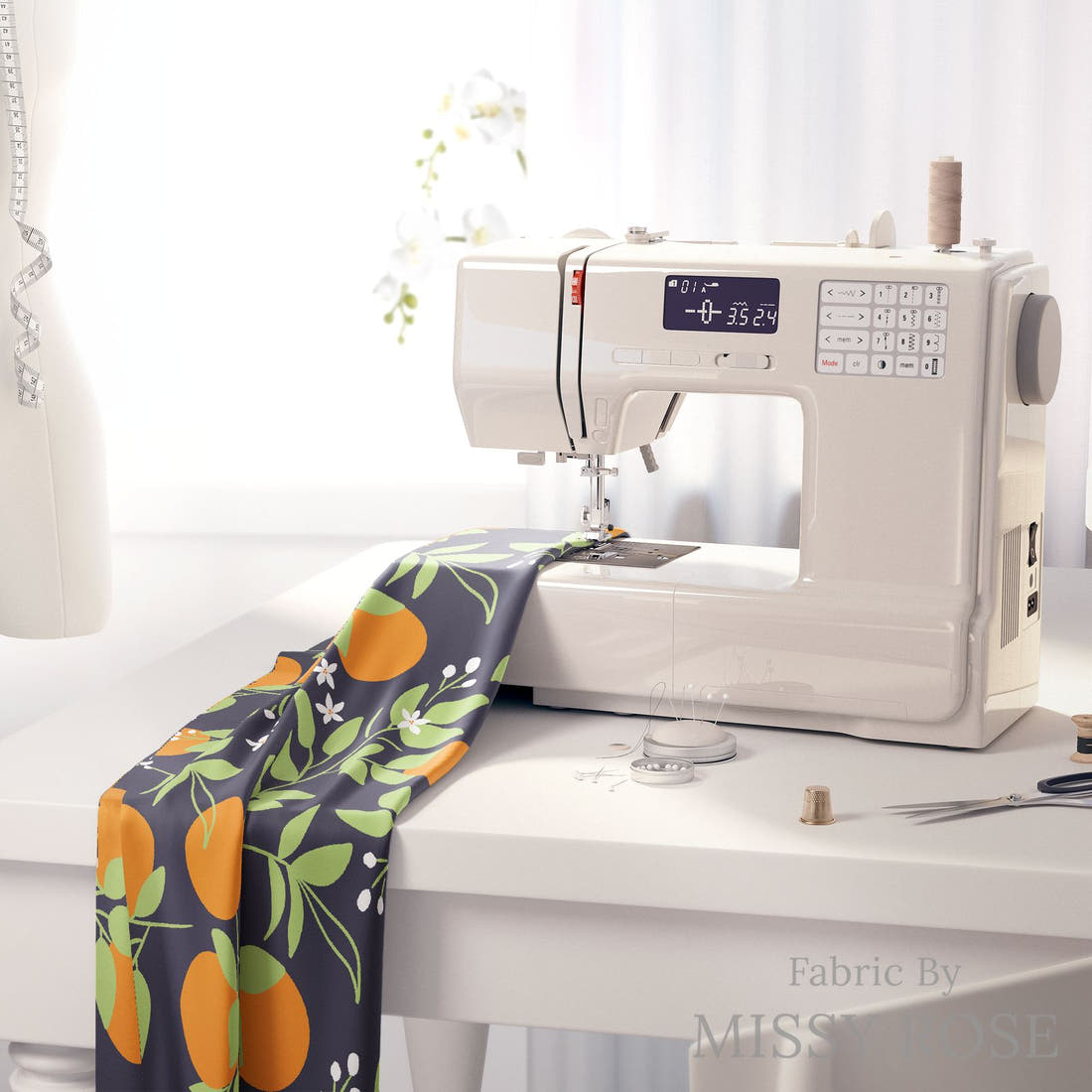 Little Black Kat 33 on a sewing machine - premium fabric for sewing projects | Fabric by Missy Rose