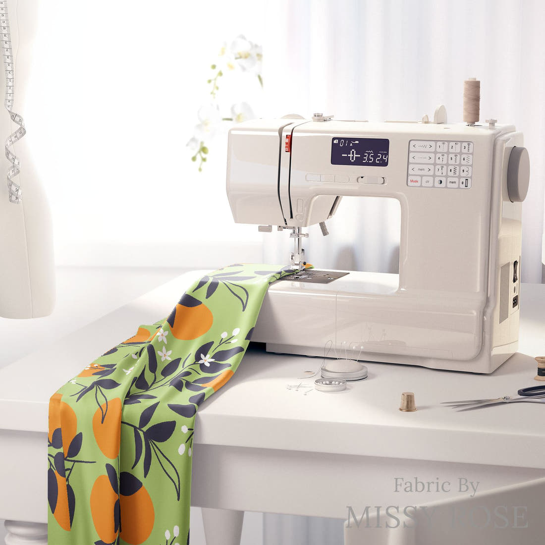 Little Black Kat 34 on a sewing machine - premium fabric for sewing projects | Fabric by Missy Rose