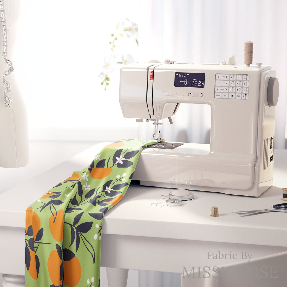 Little Black Kat 34 on a sewing machine - premium fabric for sewing projects | Fabric by Missy Rose
