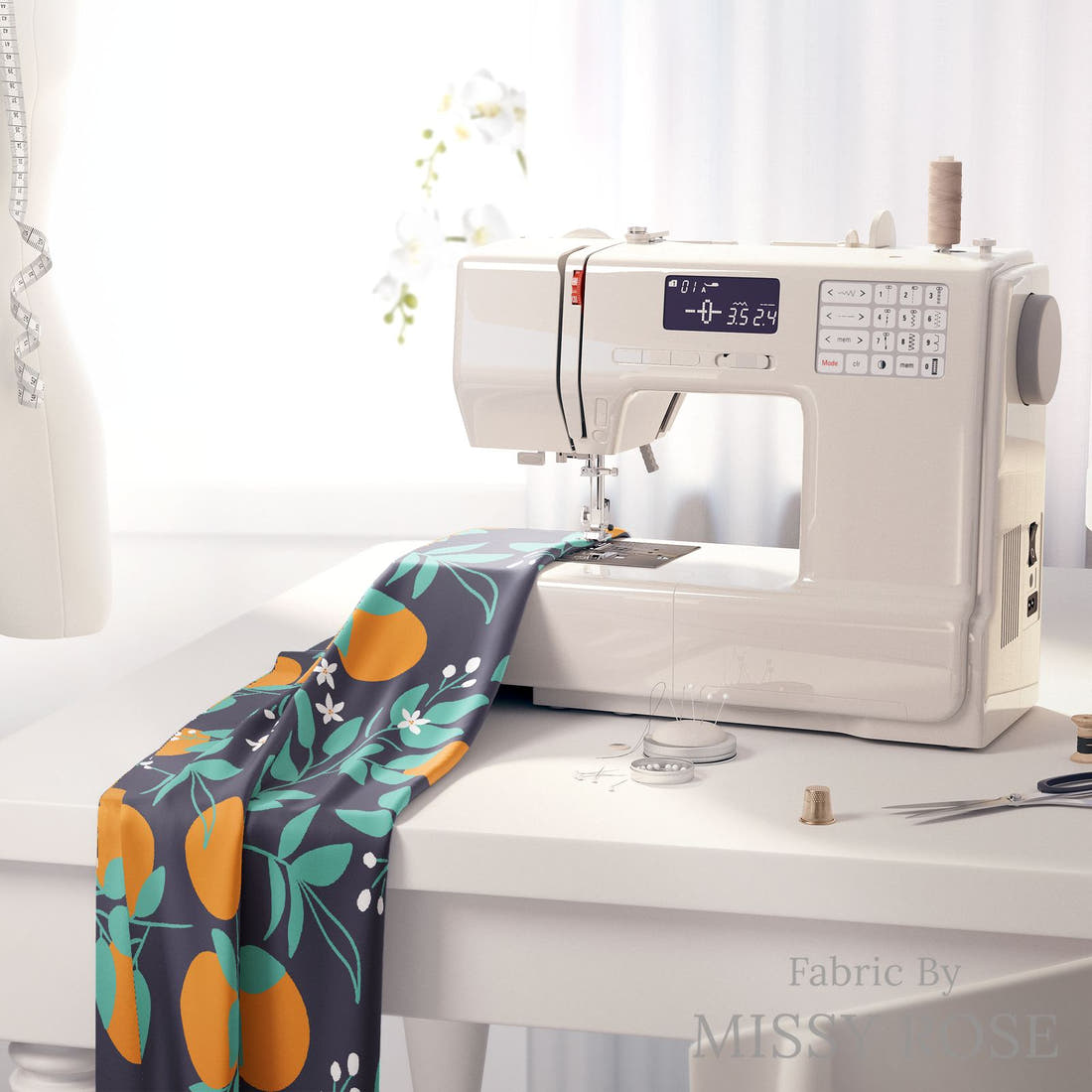 Little Black Kat 35 on a sewing machine - premium fabric for sewing projects | Fabric by Missy Rose