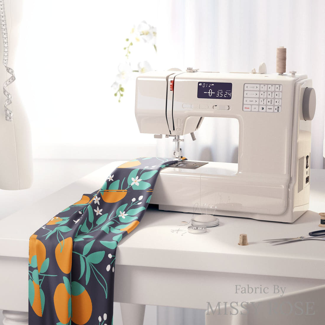 Little Black Kat 35 on a sewing machine - premium fabric for sewing projects | Fabric by Missy Rose