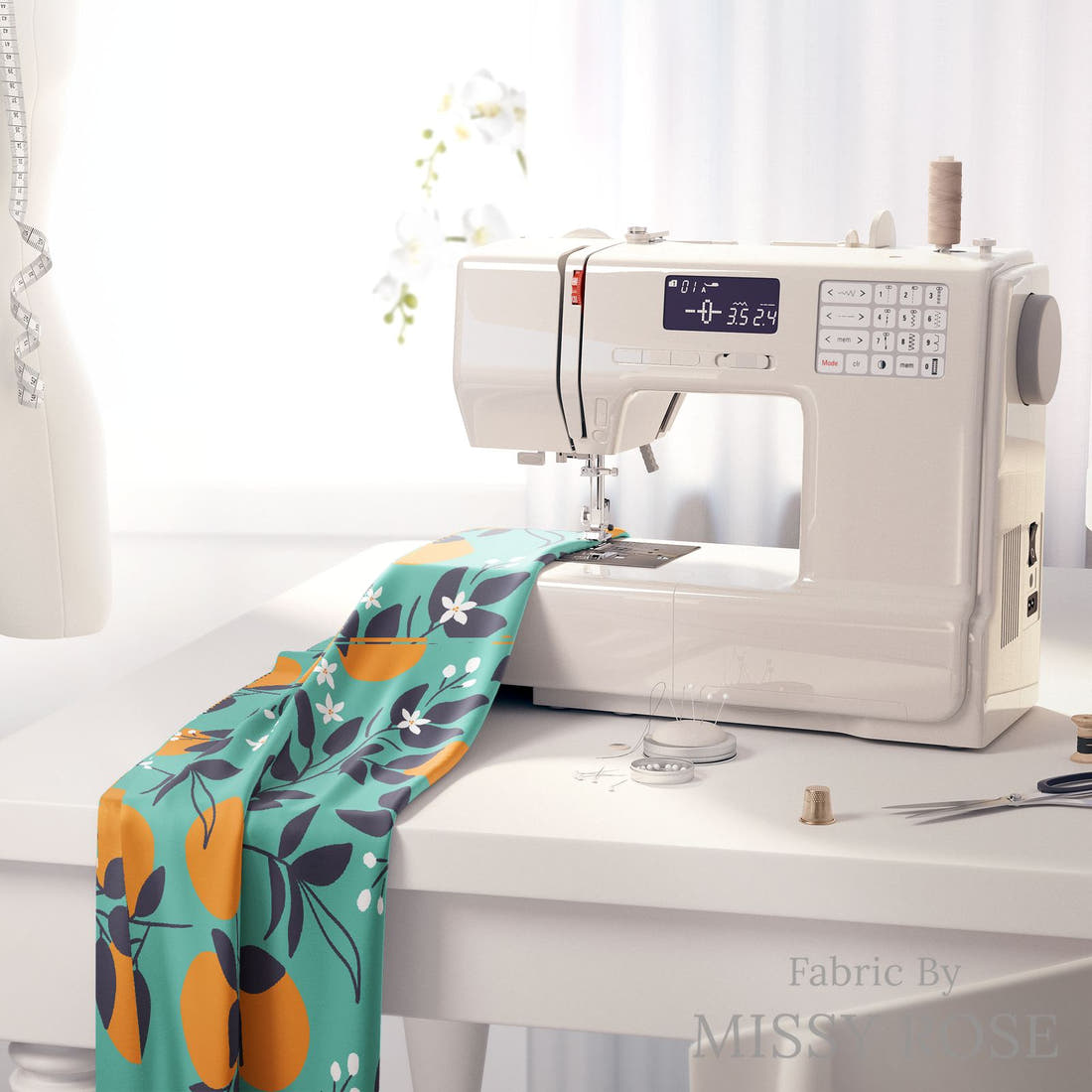 Little Black Kat 36 on a sewing machine - premium fabric for sewing projects | Fabric by Missy Rose