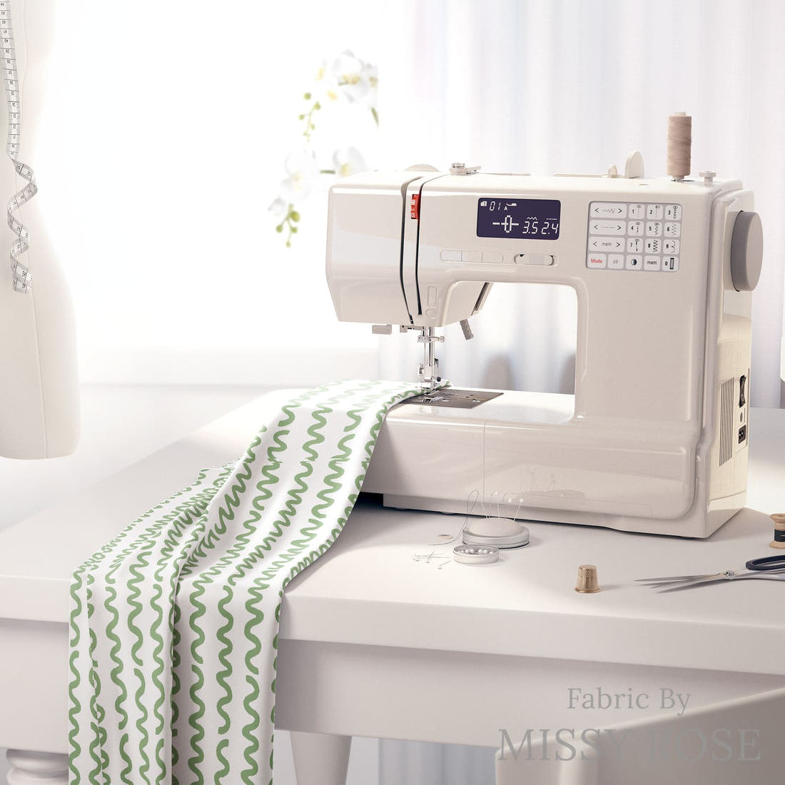 Little Black Kat 38 on a sewing machine - premium fabric for sewing projects | Fabric by Missy Rose